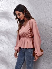 Thumbnail for V-Neck Balloon Sleeve Peplum Blouse