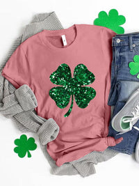 Thumbnail for Lucky Clover Sequin Round Neck T-Shirt