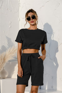 Thumbnail for Short Sleeve Cropped Top and Drawstring Shorts Lounge Set