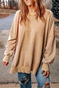 Thumbnail for Dropped Shoulder Round Neck Long Sleeve Blouse