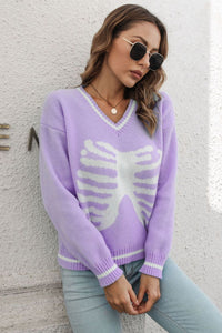 Thumbnail for Skeleton Pattern V-Neck Long Sleeve Pullover Sweater