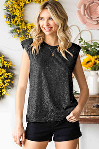 Thumbnail for Sequin Round Neck Capped Sleeve Tank