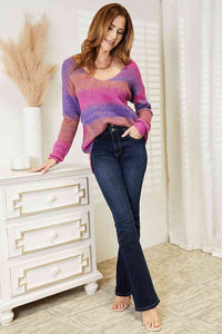 Thumbnail for Double Take Multicolored Rib-Knit V-Neck Knit Pullover