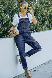 Thumbnail for Pocketed Distressed Denim Overalls