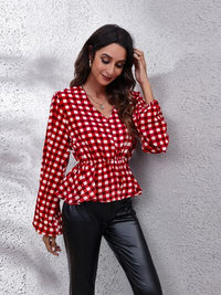 Thumbnail for Plaid V-Neck Balloon Sleeve Peplum Blouse