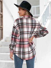 Thumbnail for Meet You Outside Plaid Button Down Curved Hem Shacket