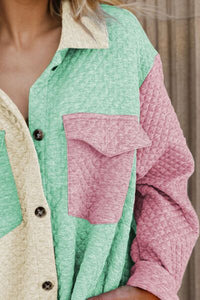 Thumbnail for Color Block Button Up Long Sleeve Shacket