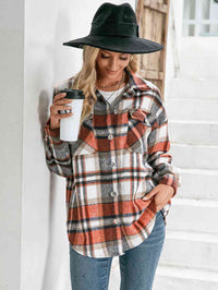 Thumbnail for Meet You Outside Plaid Button Down Curved Hem Shacket