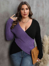 Thumbnail for Plus Size Two-Tone Surplice Neck Sweater