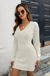 Thumbnail for Cable-Knit V-Neck Long Sleeve Mini Sweater Dress