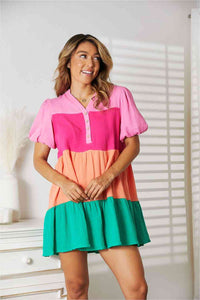 Thumbnail for Double Take Color Block Buttoned Puff Sleeve Dress