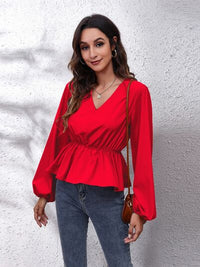 Thumbnail for V-Neck Balloon Sleeve Peplum Blouse