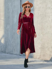 Thumbnail for Tie Front Long Sleeve Slit Dress