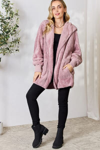 Thumbnail for H&T Faux Fur Open Front Hooded Jacket