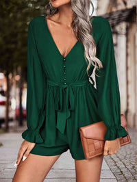 Thumbnail for Long Flounce Sleeve V-Neck Romper