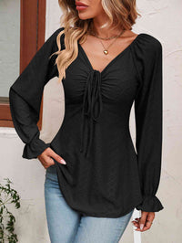 Thumbnail for Tie Front V-Neck Puff Sleeve Blouse