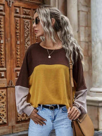 Thumbnail for Color Block Waffle-Knit Long Sleeve Top