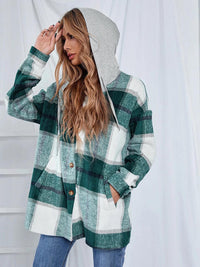 Thumbnail for Plaid Hooded Jacket with Pockets