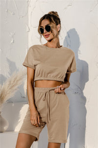 Thumbnail for Short Sleeve Cropped Top and Drawstring Shorts Lounge Set