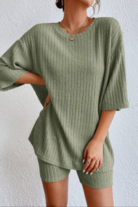 Thumbnail for Round Neck Ribbed Top and Shorts Lounge Set