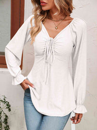 Thumbnail for Tie Front V-Neck Puff Sleeve Blouse