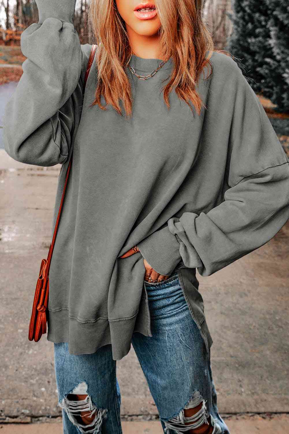 Dropped Shoulder Round Neck Long Sleeve Blouse