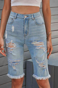 Thumbnail for Distressed Raw Hem Denim Bermuda Shorts