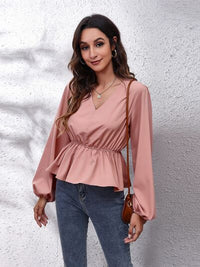 Thumbnail for V-Neck Balloon Sleeve Peplum Blouse