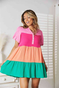 Thumbnail for Double Take Color Block Buttoned Puff Sleeve Dress