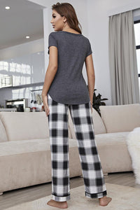 Thumbnail for Curved Hem Short Sleeve Top and Plaid Pants Lounge Set