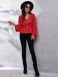 Thumbnail for Floral V-Neck Balloon Sleeve Peplum Blouse