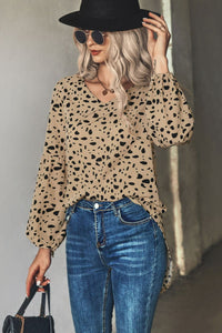 Thumbnail for Animal Print V-Neck High-Low Blouse