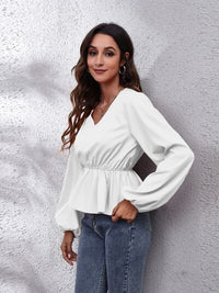 Thumbnail for V-Neck Balloon Sleeve Peplum Blouse