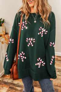 Thumbnail for Candy Cane Sequin Round Neck Long Sleeve Sweatshirt