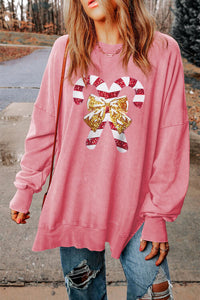 Thumbnail for Sequin Candy Cane Round Neck Slit Sweatshirt