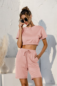 Thumbnail for Short Sleeve Cropped Top and Drawstring Shorts Lounge Set